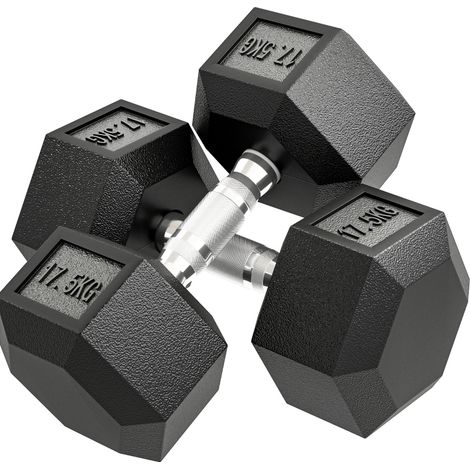 2 hexagonale Kurzhanteln 17,5 kg aus Metall, schwarz/silber, gerändelter Griff OKMYHOME (1/5)