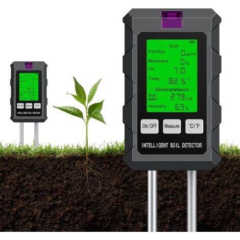 Testeur de sol 6 en 1 pour la fertilité, l'humidité, le pH, la température, l'ensoleillement et l'humidité, testeur numérique de pH du sol pour jardin, fonctionne sur piles (incluses) (1/5)