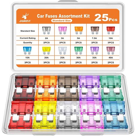 25pcs Medium Car Fuse Set, Flat Fuses for Auto - Fuses for Truck/RV/Truck/Motorcycles (2A 3A 5A 7.5A 10A 15A 20A 25A 30A 35A 40A) (1/5)