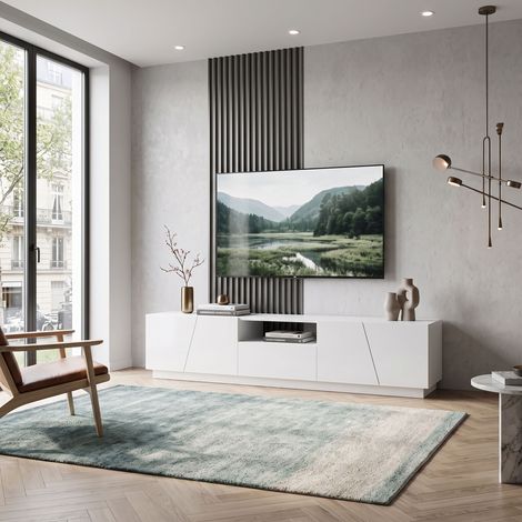 Comanlai - Meuble TV bas 170 cm - Banc TV de salon moderne - Motif patchwork géométrique en diagonale - Blanc (1/4)