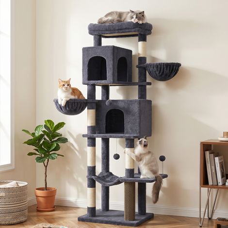 Grand Arbre à Chat 190 cm, 2 Paniers, 2 Niches, 5 Griffoirs, Toilettage Autonome, Hamac, Perchoir, Gris Foncé (1/5)