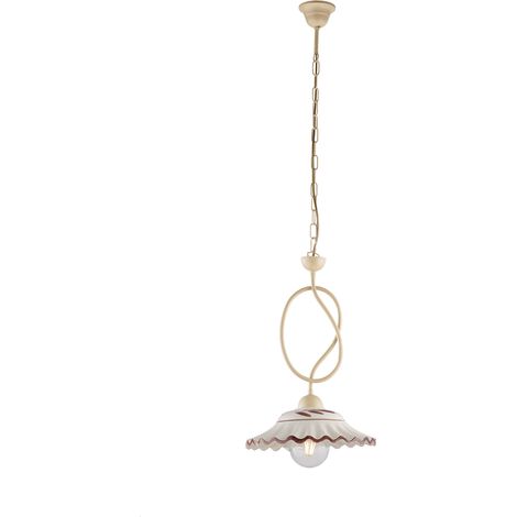 Lampadario in ferro laccato avorio e decorazione effetto decapè con diffusore in ceramica diametro 30 bianco e marrone 1 luce (1/3)
