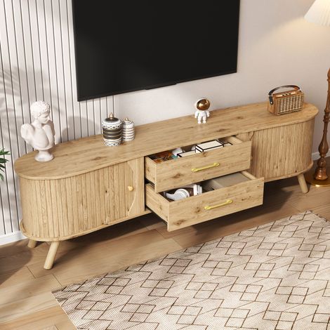 Meuble TV avec 2 Portes Coulissantes et 2 Tiroirs, Pieds en Bois Massif, pour Salon, en MDF, 160 × 36.5 × 55 cm (1/5)