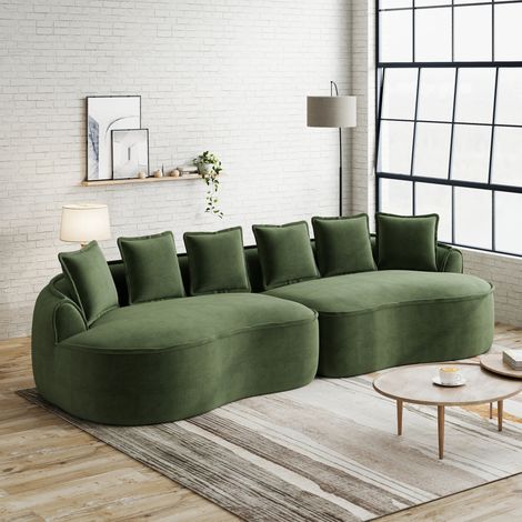 Canapé 4 places modulaire en chenille verte, sans montage, assise profonde et coussins inclus (1/5)