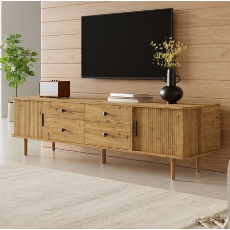 Mobile TV basso 165 cm in MDF con 4 cassetti e 2 ante scorrevoli, grande contenitore, colore legno (1/5)
