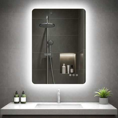 Badezimmerspiegel mit Beleuchtung 50x70cm, LED Spiegel Bad mit Licht, 3 Lichtfarben, Dimmbar, Antibeschlag, Speicherfunktion, IP44, Horizontal/Vertikal, 4mm HD Hartglas,Alurahmen (1/5)