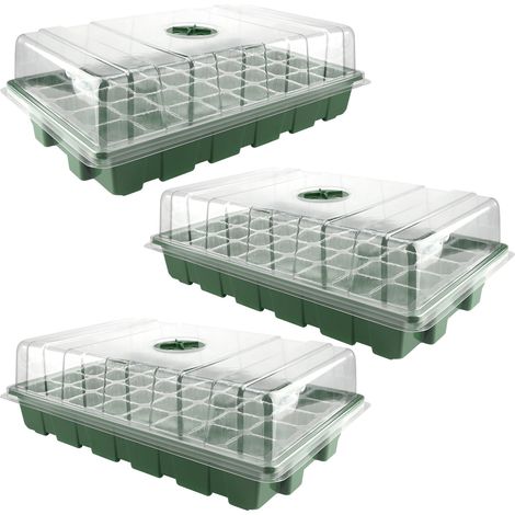 Anzuchtbox mit Feuchtigkeitskuppel [Sämlingsbox] – Keimgewächshaus mit einstellbarer Belüftung, 3 PP-Boxen (38,6 x 24,7 x 11 cm), Grün/Schwarz (1/5)