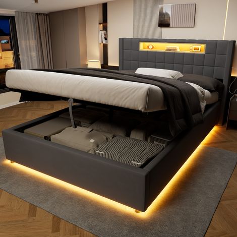 Cama con almacenaje 214x151x28 cm gris oscuro/gris de terciopelo con LED y puertos USB-C (1/5)
