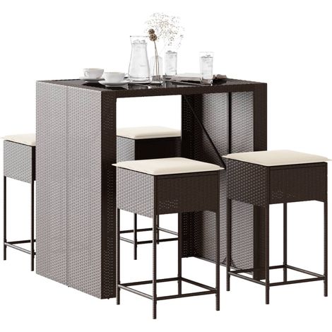 5-tlg. Gartenbar-Set mit Kissen Braun Poly Rattan