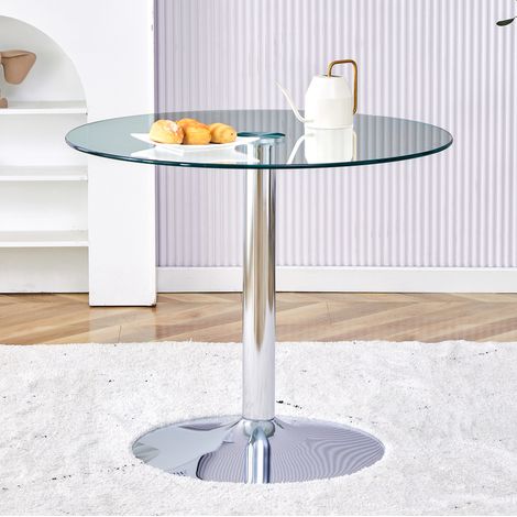 Table ronde en verre transparent 85 cm avec base en métal argenté, hauteur 76 cm (1/5)