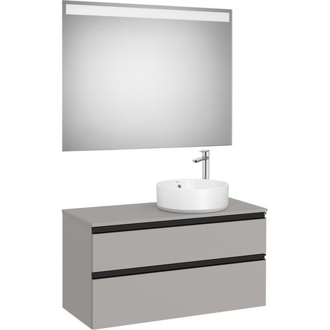 Pack meuble "The gap" 1000 pour vasque à droite - 2 tiroirs + plan + miroir LED - gris moyen mat/poignées noires - Roca (1/2)