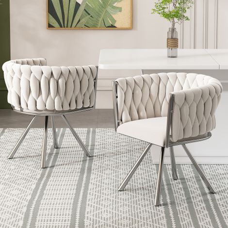 Samt-Esszimmerstuhl, 2er set, einzelner heller Luxus-Wohnzimmer-Schlafzimmer-Drehstuhl, Freizeit-Drehstuhl mit vier Stützbeinen aus Metall, beige+Silber