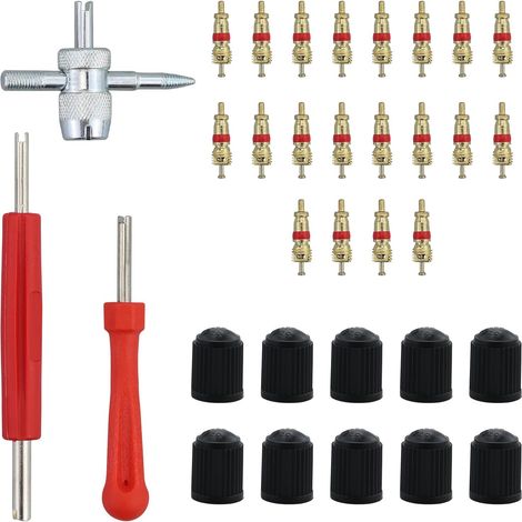 33-teiliges Autoventil-Reparaturset, Autoreifenventil-Reparaturset mit 20 Ventileinsätzen, 10 Ventilkappen, 3 Schraubenschlüsseln (1/5)