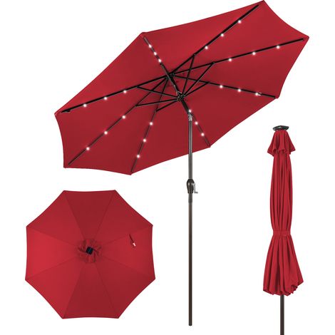 Parasol de Terrasse avec Lumières LED Solaires Intégrées, Inclinable, Système de Levage à Manivelle, 8 Baleines Robustes, Rouge (1/5)