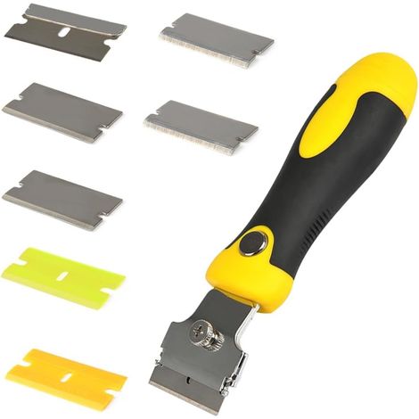 Grattoir réglable enlever colle carellage avec 8 lames de rechange Métallique + microfibre,Vitres/Miroir/Sol Nettoyage/grattoir vitre rétractable outillage à main