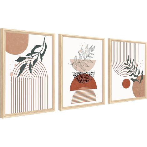 3Pcs Cadre en bois Impression sur Toile Géométrique Boho Tableau sur Toile Peinture Noir Beige Terracotta Minimalist Tableau Decoration Murale Salon Chambre Maison 30x40cm x3pcs (Pas de plexiglas) (1/5)