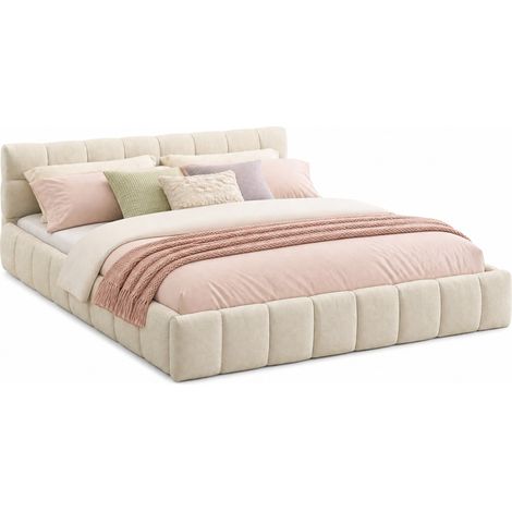 Lit double 160 x 200 cm en tissu beige, structure en bois d’eucalyptus et cadre en métal, tête capitonnée à surpiqûres carrées pour chambre adulte CHICFURN (1/5)