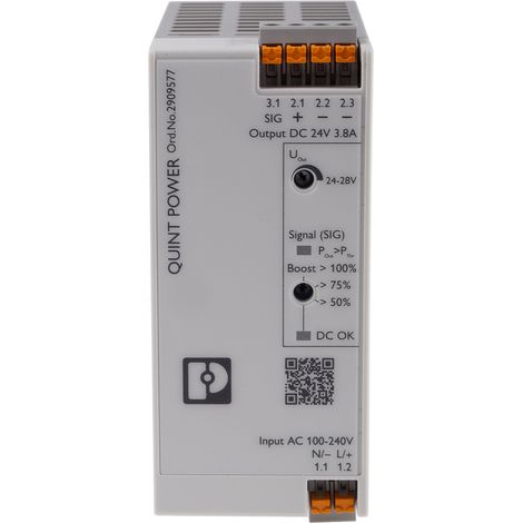Alimentation pour rail DIN Phoenix Contact, série QUINT4-PS/1AC/24DC/3.8/PT, 24V c.c.out 3.8A, 230V c.a.in, 90W ( Prix pour 1 )