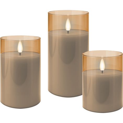 GOOBAY Bougies LED en vraie cire, verre, fonction minuterie, lot de 3, blanc chaud, or