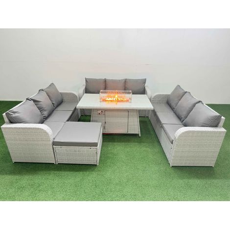 Fimous PE Rattan Lounge Sofa Set 10 Seater Outdoor Garden Furniture Set with Firepit Dining Table 3 Seater Sofa Big Footstool Light Grey (1/4)