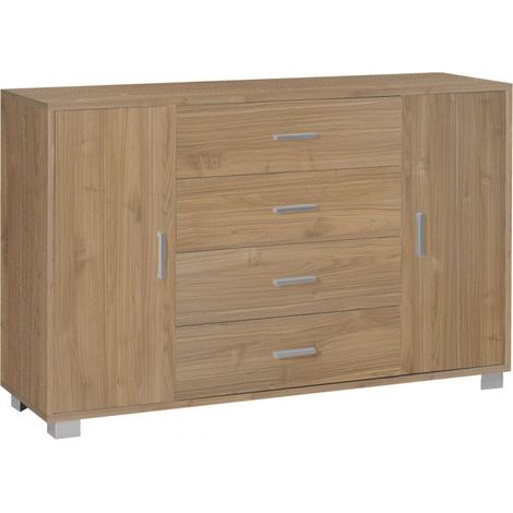 Mueble móvil con 2 puertas y 4 cajones, 136L x 41P x h86 – Acabado en madera nogal – Sarmog