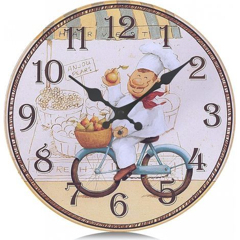 Horloge Murale Cuisine Bois Jaune Silencieuse 30cm Pendule Murale Quartz Rustique avec Le Modèle de Chef pour Salle a Manger (1/5)