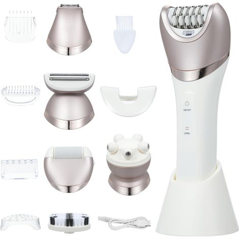 Epilateur Electrique Femme 6 En 1, Epilateur Intime Sans Fil Pour Femmes, Epilateur Lumiere Facial Humide Et Sec Avec Brosse De Pédicure Et D'Épilation, Têtes De Massage, Rechargeable (Blanc) (1/5)