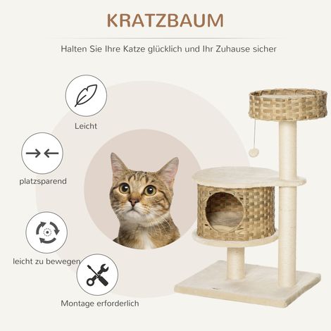 Arbre à chat PawHut 95 cm avec cachette, balle de jeu, poteaux en sisal, plateforme spacieuse, griffoir multi-niveaux, arbre d'escalade, pour chats jusqu'à 5 kg, naturel et beige (1/4)