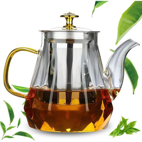 Théière avec infuseur : théière en verre borosilicate de 1000 ml, théière en verre avec tamis en acier inoxydable, théière en verre résistante à la chaleur avec bouchon anti-goutte pour thé en (1/5)
