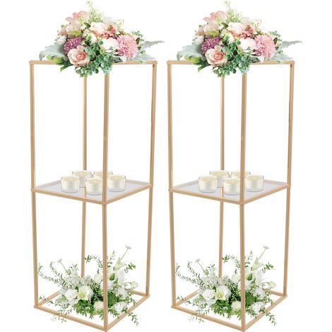 Lot de 2 support de fleurs avec panneaux acryliques à 2 niveaux, 28 × 28 × 80 cm, colonnes‑présentoirs en métal doré, centre de table décoration pour mariage, fêtes, cérémonie et maison (1/5)