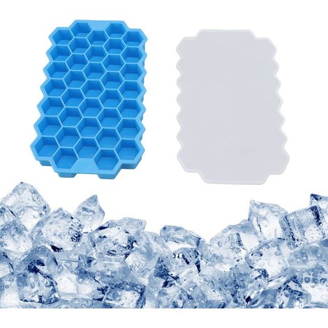 Moule à Glaçons Silicone 37 Alvéoles Hexagonales Antodeur Bleu 20.5x12x2.5cm avec Couvercle (1/5)