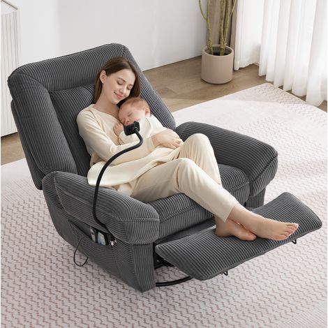 Sillón relax eléctrico 104x92x91 cm giratorio y mecedor con masaje, calefacción, USB, pana gris (1/5)