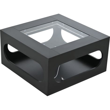 Table basse carrée 70 x 70 x 35 cm, table de salon évidée au centre, table à thé avec plateau en verre trempé, table d’appoint LED brillante pour salon, table de fête de Noël, noire, MDF (1/5)