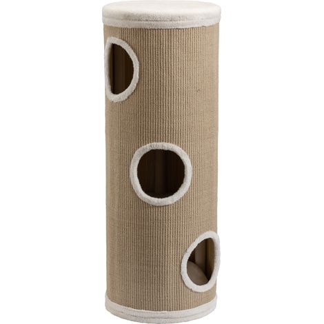 Fudajo Forest Tour à griffer pour chat jaune-couleur chameau, hauteur 106 cm Ø 40 cm, Arbre à chat tonneau avec coussin et 3 entrées, Griffoir