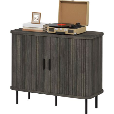 Mid-Century Modern Sideboard Storage Cabinet Slatted Tambour Sliding Doors, Kitchen Cabinet Steel Legs, Grey (1/5)