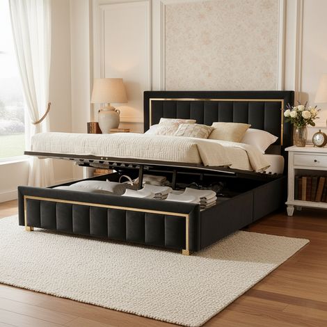 Lit 160x200 avce rangement, Lit double capitonné - sommier latteset tête de lit verticale - design adulte moderne, Lin, Noir (1/5)