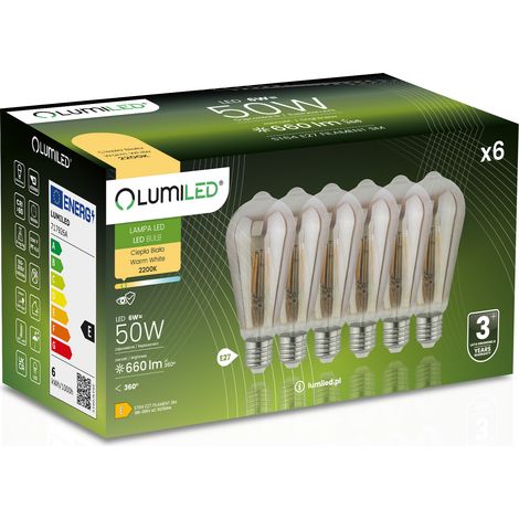 6x LED-Lampe E27 Edison ST64 6W = 50W 660lm 2200K Warmweiß 360° Rauchglühen
