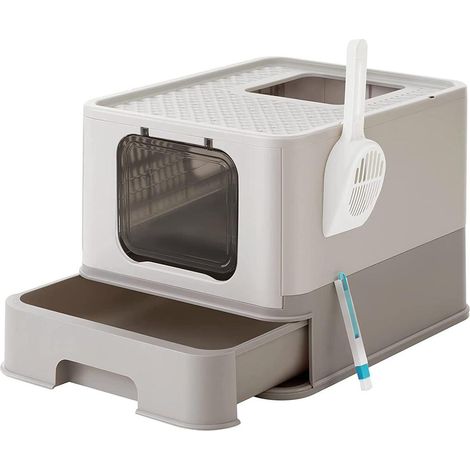 Bac à litière fermé pour chat jusqu'à 15 kg avec pelle anti-fuite 42,5 x 54,3 x 37,8 cm en plastique gris clair (1/4)