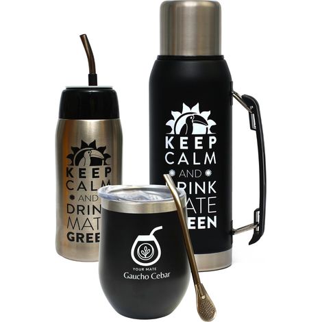Kit complet d'accessoires pour thé Bouteille isotherme 1 l noir et Yerbomos 680 ml, tasse à thé en acier inoxydable Tasse 350 ml Paille en acier Bombilla 19 cm (1/5)