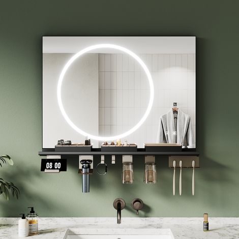 ELEGANT Anti-Fog Bathroom LED Mirrors with Storage Shelf, Dimmable 3 Colour Lighting, Stylish Black Frame, 800x600mm