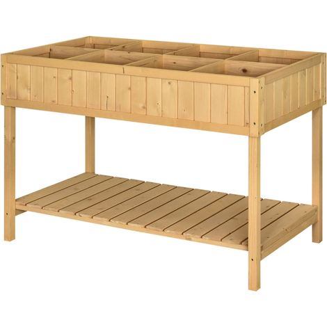 Table de plantation surélevée, bac à fleurs, table pour semis, 8 compartiments avec drainage, étagère, bois de sapin massif, bois naturel, 110 x 46 x 76 cm
