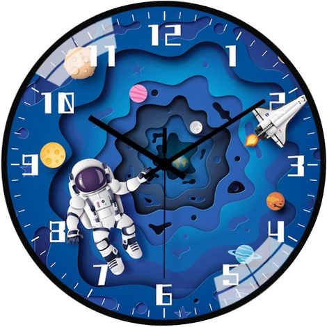 Horloge murale pour enfants sans tic-tac, 30 cm, cadran bleu galaxie, ciel étoilé, astronaute et fusée (1/5)