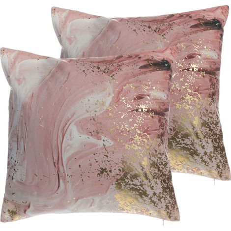Conjunto de 2 cojines de poliéster rosa efecto acuarela motivo abstracto 45 x 45 cm lámina dorada Lantana (1/5)