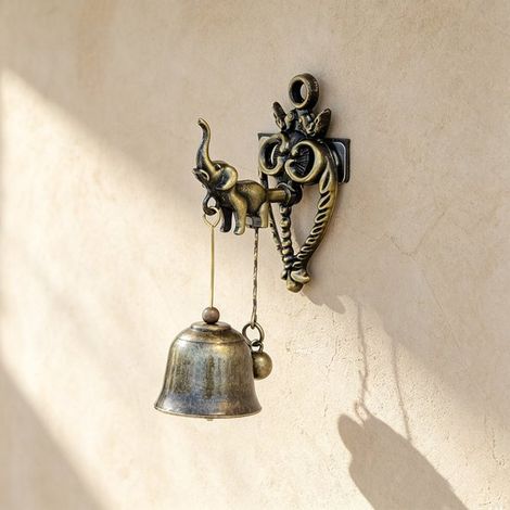 Sonnette de porte rétro européenne en métal style éléphant, sonnette magnétique en fer sans perçage, décoration murale et de porte en forme d'éléphant, environ 11,5 cm de long. (1/2)