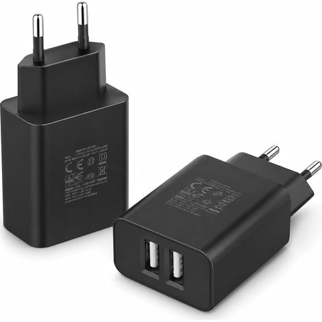 Lot de 2 Chargeurs USB Muraux 2 Ports USB-A, Adaptateur Secteur 5V 2A 10W Prise Double Compacte 100-240V pour Smartphone Tablette Powerbank Casque, Noir (1/5)