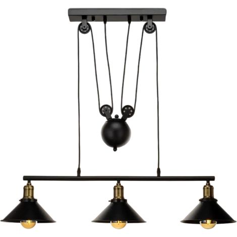 L'ascenseur de poulie de lampe de style industriel rétro peut être ajusté en hauteur, lustre noir en fer forgé à 3 lumières (1/5)