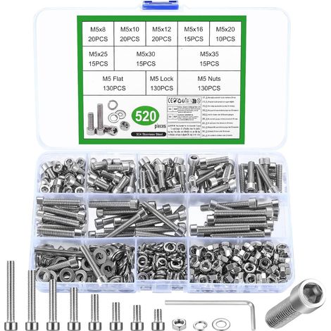 Kit Vis M5 - Boulons Et Écrous En Acier Inoxydable - Tête Cylindrique Six Pans Creux - Pour Réparation Et Bricolage - 520 Pièces (1/5)
