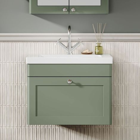 Nuie Classique Wall Hung 1-Drawer Vanity Unit with 1TH Contemporary Basin 600mm Wide - Satin Green (1/5)