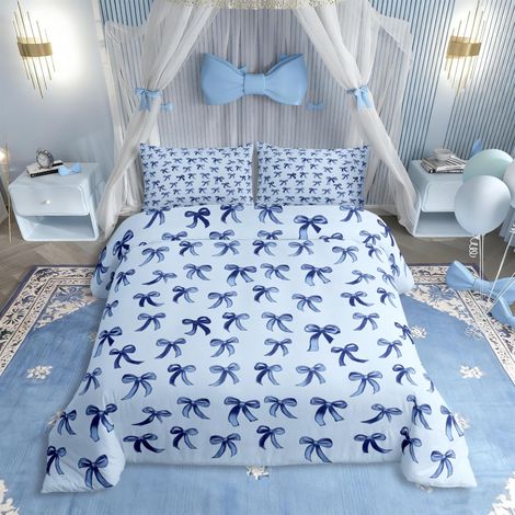 Parure de lit 2 pièces 135 x 200 cm pour fille - Nœuds bleus - Housse de couette - Aesthetic Kawaii - En microfibre douce - Pour lit simple - Style moderne et mignon - Avec nœud papillon (1/5)
