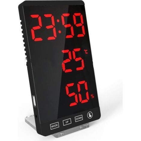 Horloge miroir LED avec thermomètre et hygromètre, réveil, affichage rouge attrayant (1/5)